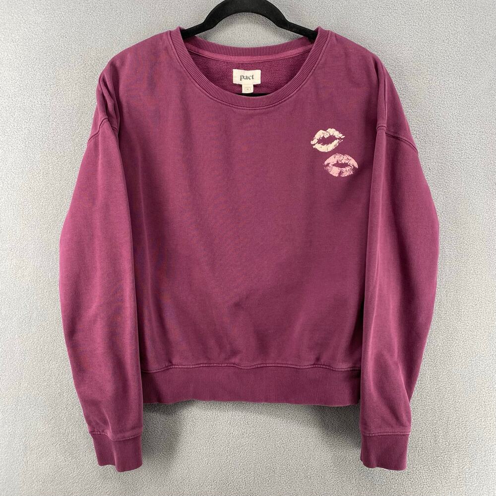 Pact Organic Cotton Crew Neck Pullover Boxy Sweatshirt‎ Womens M Burgundy Kisses